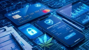 Credit cards, smart phone and business tools with a cannabis leaf