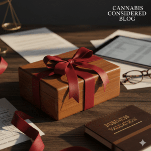 A polished wooden gift box with a red ribbon on a lawyer's desk next to a business valuation book and legal scales, representing cannabis business perceived value.